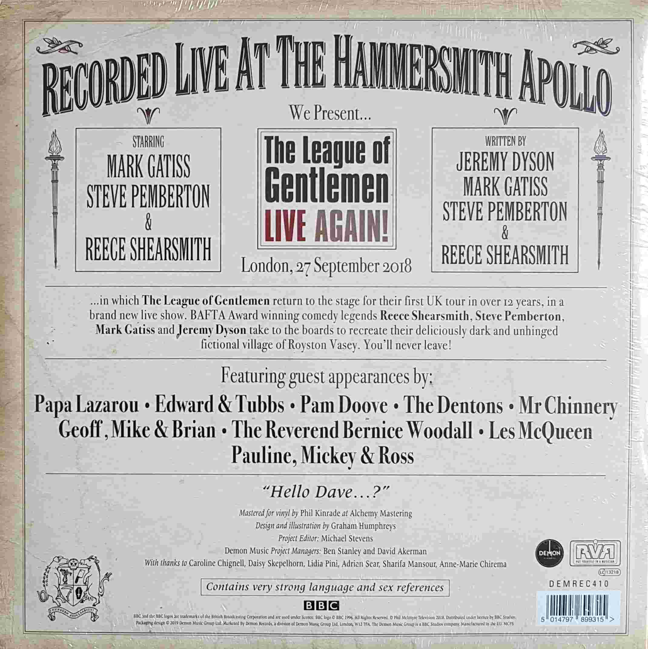 Picture of DEMREC 410 The league of gentlemen - Live again! - Record Store Day 2019 by artist Mark Gatiss / Steve Pembleton / Reece Shearsmith from the BBC records and Tapes library